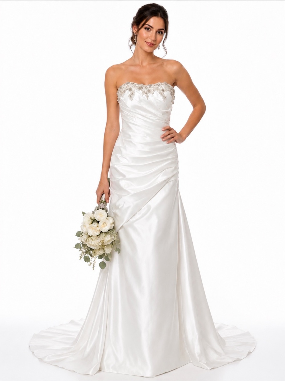 NWT DaVinci $595 MSRP Bridal White Satin Beaded Strapless Wedding Gown Size 8